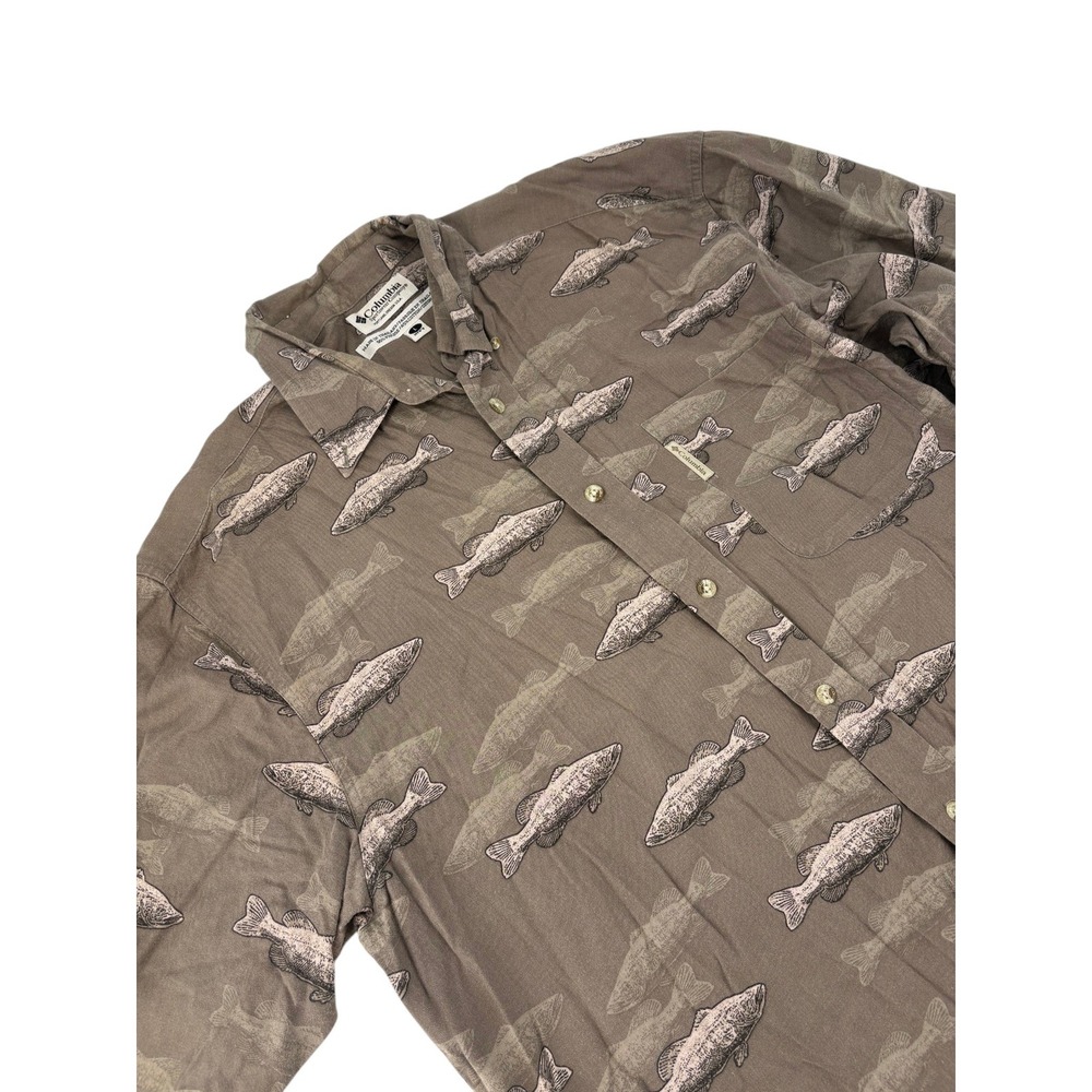 Columbia Shirt Mens L‎ Button Down Brown Fish Print Short Sleeve Viscose Cotton